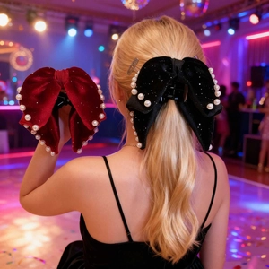 Close-up of velvet bow hair clips with pearls in red and black colors for parties