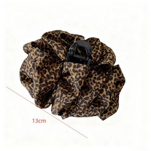 Retro 13cm leopard print bubble hair claw clip with brown fabric wrap for thick hair styling