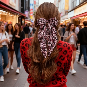 Detail view of large leopard print bow hair clip on a model in an urban setting