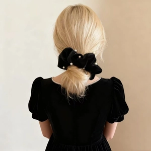Elegant black velvet scrunchie with white pearls for women hair styling accessories