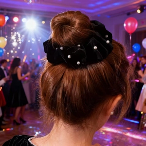 Close-up of elegant black velvet scrunchie with white pearls on a stylish bun hairstyle