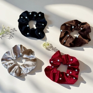 Elegant velvet pearl hair scrunchie set in black brown grey and red for French hairstyles