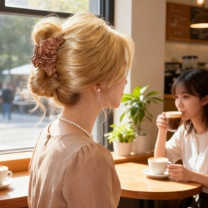 Detail of a large coffee brown fabric claw clip styled on blonde hair in a cozy cafe setting