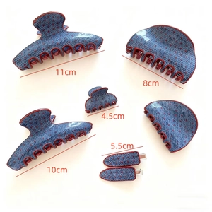 Blue denim and red polka dot hair claw clip set in various sizes for French retro style