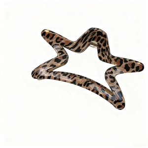 Macro detail of star-shaped leopard print hair claw clip with golden metal spring