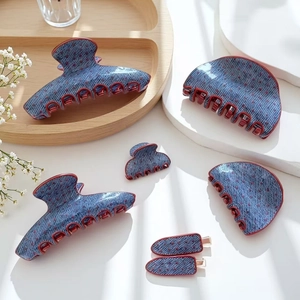 Vintage Denim Style Polka Dot Hair Clip French Elegant Large Shark Clip Red Pattern Hair Claw For Women Daily Accessory