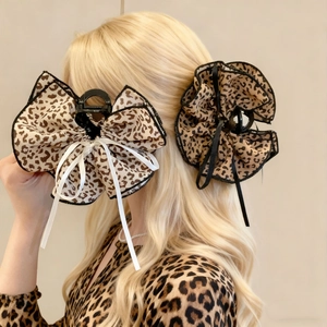 Leopard Print Bow Hair Claw Clips Fabric Ribbon French Elegant Double Layer Shark Clip Ponytail Holder Women Hair Jewelry