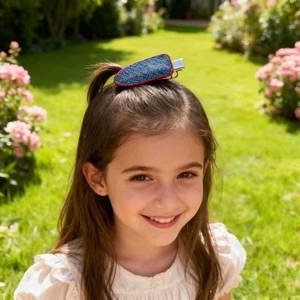 Close-up of a denim hair clip with red polka dots worn by a girl in a sunny garden