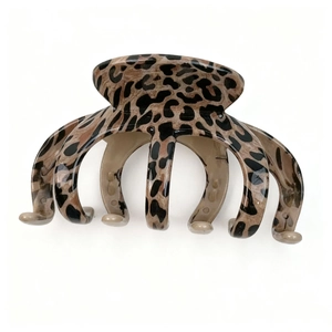 Detailed view of leopard print hair claw clip with six strong teeth and metal spring