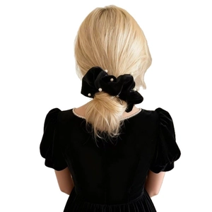 Elegant black velvet hair scrunchie with white pearls for women french style hair accessory