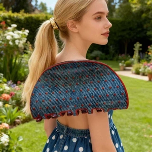 Detail of blue denim hair claw with red polka dots worn by a model in a sunny garden