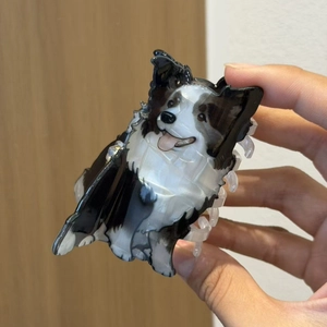 Close-up of a Border Collie hair claw clip with black and white acetate finish