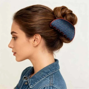 French vintage blue denim shark hair claw clip with red polka dots and elegant trim