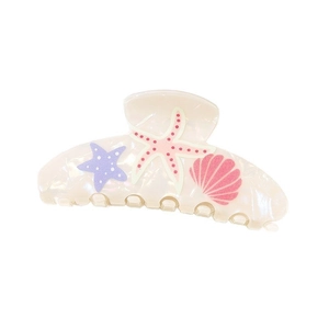 Clownfish ocean theme hair claw with seashell and starfish patterns in pearly cream white