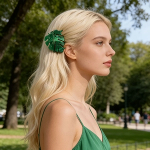 Pince à cheveux feuille de Monstera verte en acétate marbré portée par un mannequin blond