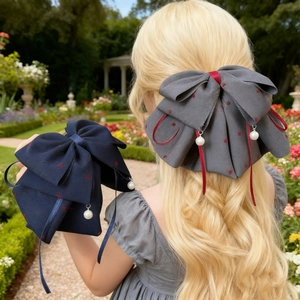 Grande Pince à Cheveux Nœud en Tissu Avec Pendentif Künstliche Perle Motif Cœur à Pois Style Lolita Vintage Français Accessoire