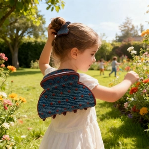 Detail showing the denim blue fabric hair claw clip with red polka dots in outdoor light