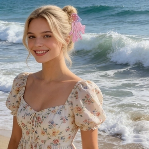 Detail van roze kwallenvormige haarklem met strassteentjes op een strandachtergrond