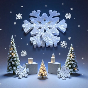 Three snowflake hair claws in pearly white on blue background with festive decor