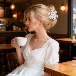 White glitter snowflake hair claw clip worn by a model in a cozy warm cafe setting