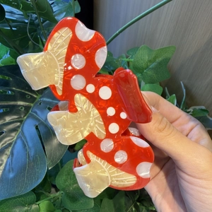 Creative red and white polka dot mushroom hair claw clip with pearlescent finish