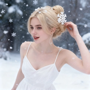 Elegant white snowflake hair claw clip shown on blonde hair in a snowy winter forest setting