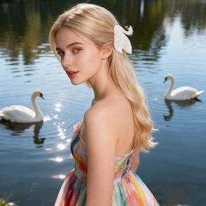 Elegant white swan hair claw clip worn by model against a scenic lake background