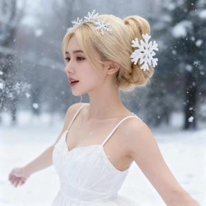 Close-up of elegant white snowflake hair clip worn in a snowy winter forest setting