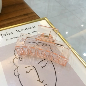 Detailansicht einer 11cm langen rechteckigen Haarklammer in Pink mit Goldfeder