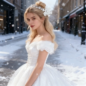 Detail of creative snowflake hair claw clip worn on model in a snowy winter street