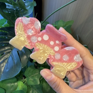 Detail showing high-quality mushroom hair claw clip with marble texture in natural setting