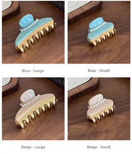 French style acetate claw clips with pearls in blue and beige colors and two sizes