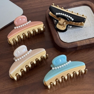 French style acetate claw clips with pearls for women in black pink beige and blue