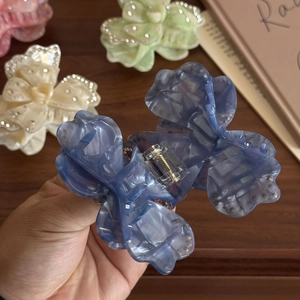 Blue acetic acid flower hair claw with rhinestones for elegant ponytail styling