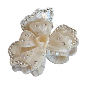 Elegant cream acetate plum blossom hair claw clip with rhinestones and pearl finish