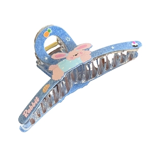 Cute denim blue shark hair claw clip with pink rabbit and cartoon pattern decoration