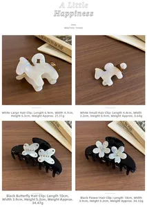 Dettaglio di pinze per capelli in acetato colorato con clip a fiori su sfondo in legno