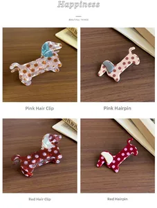 Polka dot dachshund dog hair clips in pink and red resin styles for girls