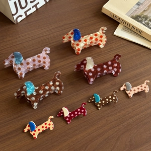 Polka Dot Dachshund Dog Hair Clip Cute Animal Shape Hair Claw Clip Sweet Duckbill Clip For Women Daily Hair Accessories