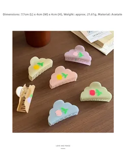 Detail showing high-quality acetate tulip hair claw clip with size measurements and wood decor