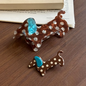 Cute Korean style polka dot dachshund hair clips set with blue ears and marble finish