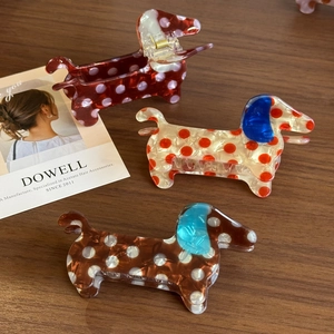Three cute polka dot dachshund puppy hair claws made of high-quality acetate fiber