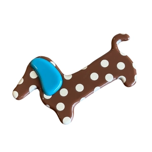 Cute brown dachshund dog hair claw clip with white polka dots and blue ears for women