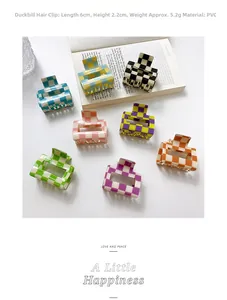 Detailed size and weight specs for the checkered PVC hair claw clips in various colors