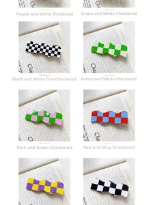 Close-up of wavy checkerboard acrylic hair claws in multiple vibrant color patterns