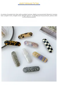 Flat lay of acetic acid hair clips in 8 patterns including plaid and marble patterns