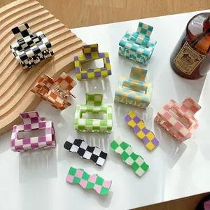 French Vintage Checkerboard Hair Claw Clip Acetate PVC Square Hollow Hair Shark Clip Grid Pattern Hair Accessory For Women