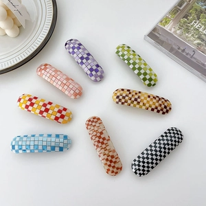 Set of 8 vintage checkered oval spring hair clips in various pastel mosaic patterns