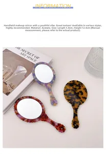 Detail view of oval acetate makeup mirrors in tortoiseshell and marble patterns with dimensions