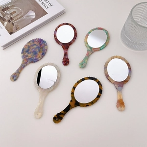 French Vintage Acetate Handheld Makeup Mirror Korean Fashion Tortoiseshell Marble Pattern Portable Small Travel Beauty Mirror For Women
